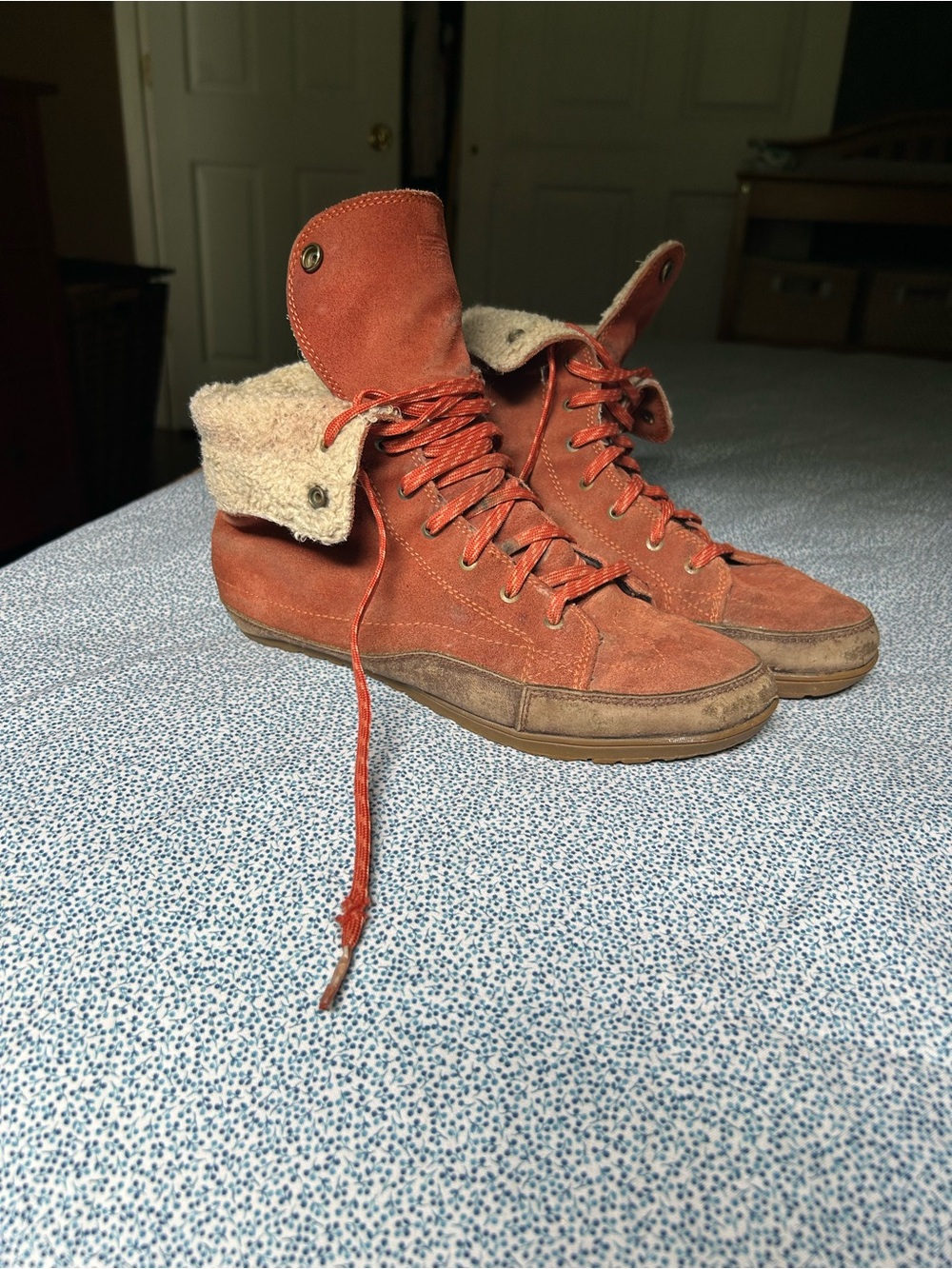 Patagonia Rust Orange Suede Fold-Over High-Top soft sided boots